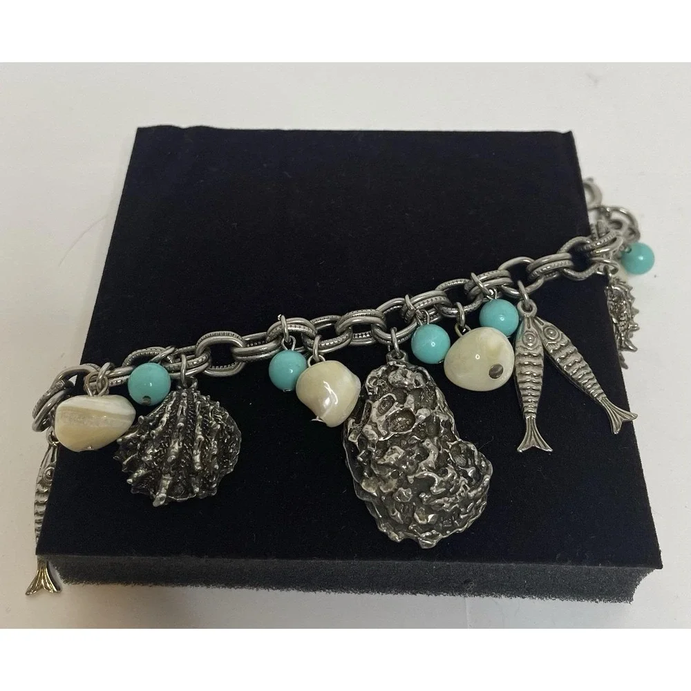 Vtg. German Seashell Charm Bracelet Silver Tone 7